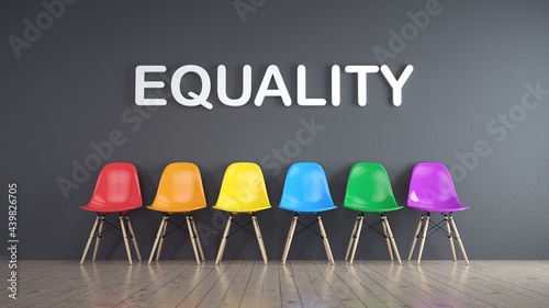 LGBT talk. Several chairs with the colors of the rainbow and the word equality on the wall.  photo