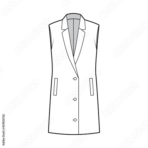 Sleeveless jacket lapelled vest waistcoat technical fashion illustration with button-up closure, pockets, oversized. Flat template front, white color style. Women, men unisex top CAD mockup