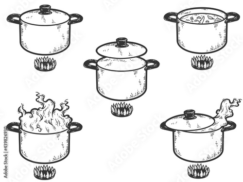 Set of pots on fire. Sketch scratch board imitation color.