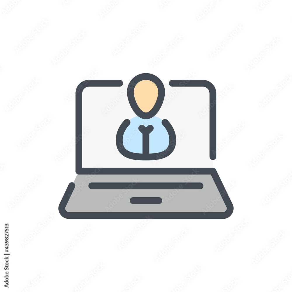Personal account color line icon. Laptop with person on display vector outline colorful sign. Personal account color line icon. Laptop with person on display vector outline colorful sign.