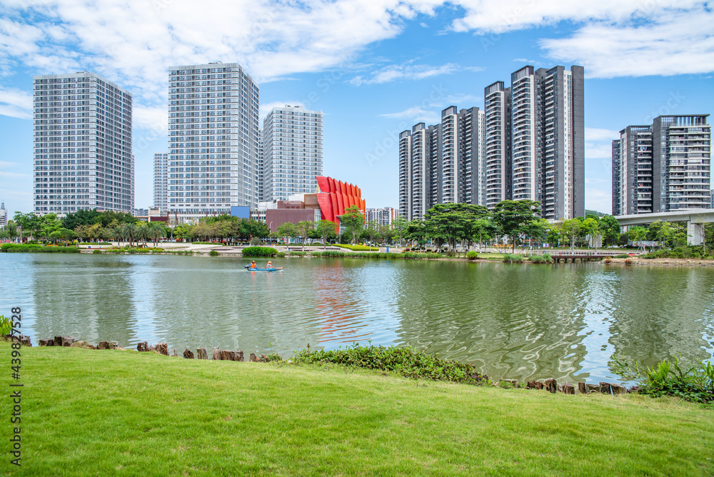 Buildings on the Jiaomen Riverside in Nansha Free Trade Zone, Guangzhou, China