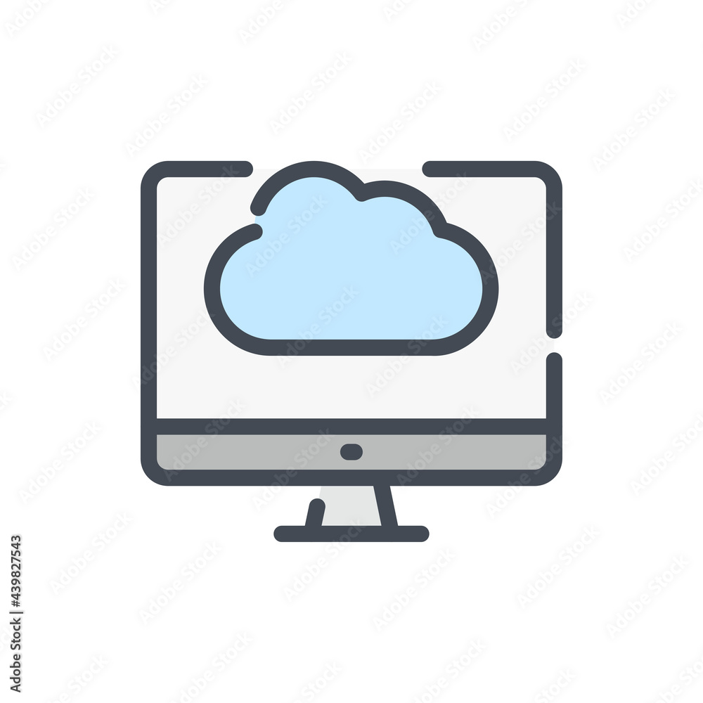 Cloud service and hosting color line icon. Computer with cloud on monitor vector outline colorful sign. Cloud service and hosting color line icon. Computer with cloud on monitor vector outline colorful sign.