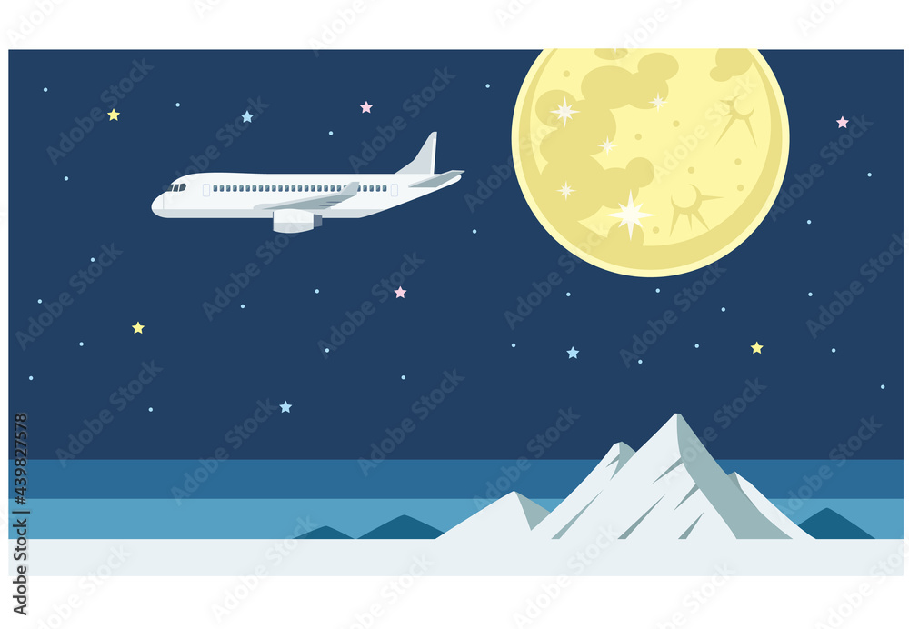 飛行機と雪山と満月のイラスト素材