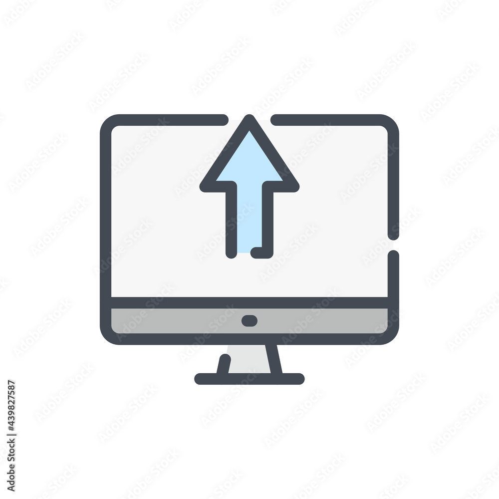 Upload to computer color line icon. PC with arrow up vector outline colorful sign. Upload to computer color line icon. PC with arrow up vector outline colorful sign.