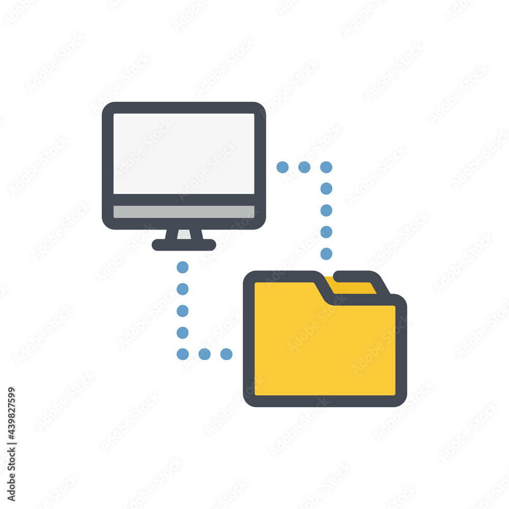Transfer data from computer to folder color line icon. Pc with connection to file folder vector outline colorful sign. Transfer data from computer to folder color line icon. Pc with connection to file folder vector outline colorful sign.