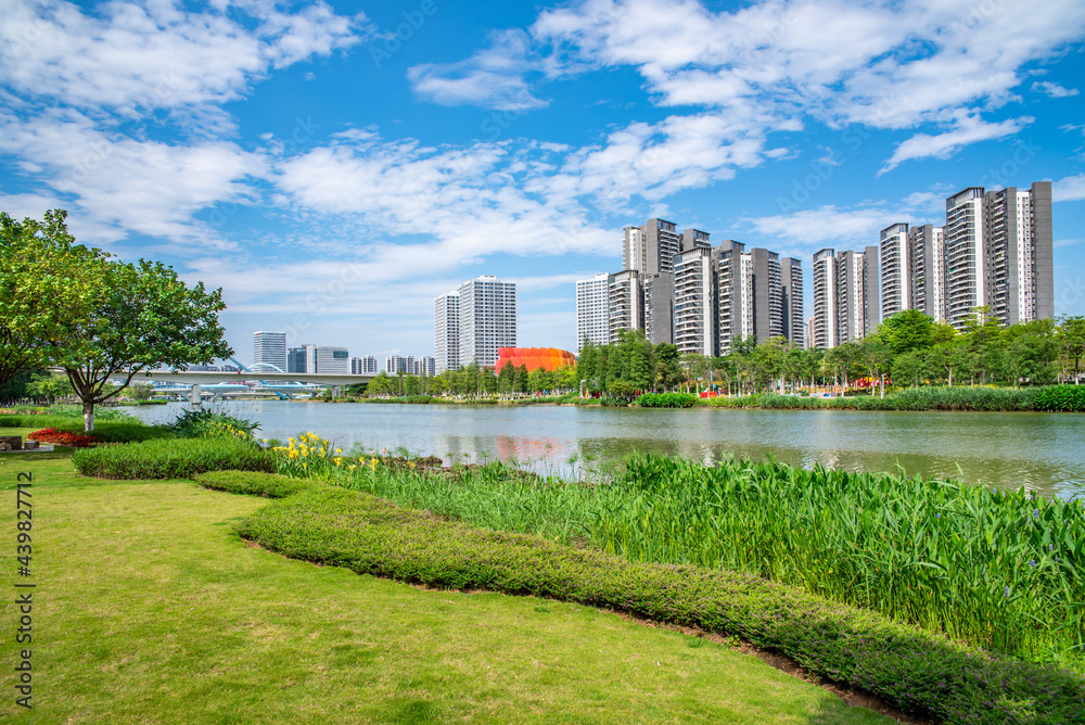 Fototapeta premium Jiaomen Riverside Scenery in Nansha Free Trade Zone, Guangzhou, China