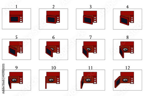 Animation of a red microwave oven. Animation of opening a microwave with slice of pizza in 12 frames. 