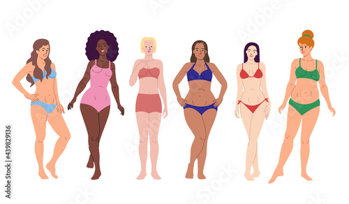 Women of different color and body types dressed in swimwear. Body positive movement. Love your body. Vector illustration.