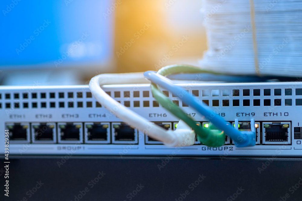 Close up, The network cables connected to switch hub. Close up, The network cables connected to switch hub.