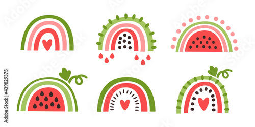 Summer rainbows stylized as fruit watermelon. Beautiful design for cards, kids print, poster, nursery decoration, logo. Simple flat vector illustration isolated on white background.