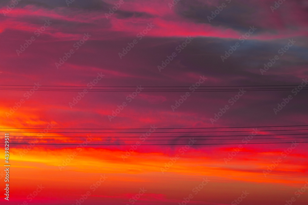 Colourful Sunset with Sun light and wires, Nature Background, Copyspace