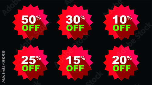 Sales tag set vector badge template, 10% off, 15%, 20%, 25%, 30%,50% off label symbol, promotion discount flat icon, sales clearance red emblem sticker