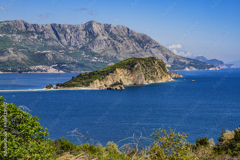 Island of Saint Nicholas (Sveti Nikola) in Adriatic Sea in front of the coast of Budva, Montenegro, Europe.