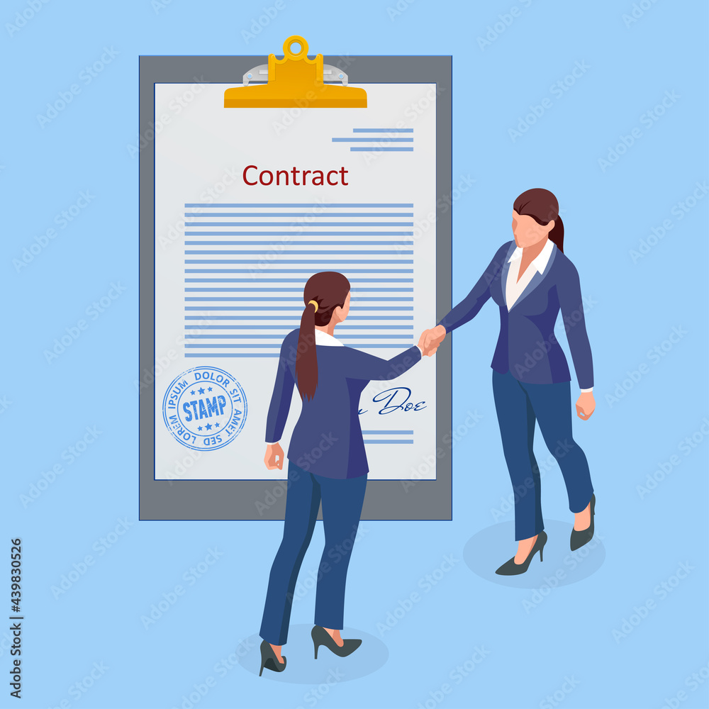 Fototapeta premium Isometric signed a contract with a stamp and with a signature. The form of the document. Business financial agreement or contract. Contract signing.