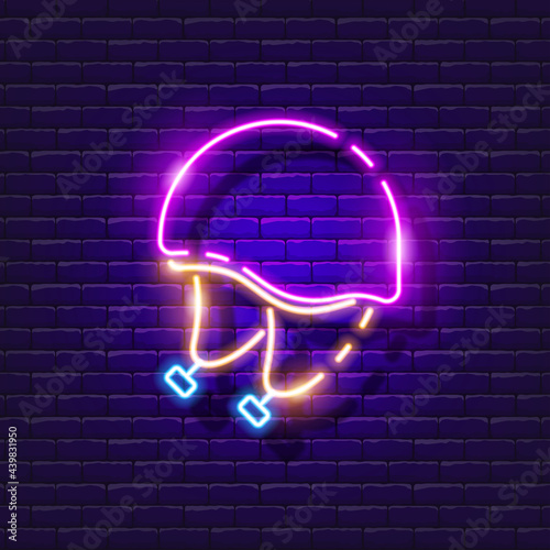 Ski helmet neon icon. Helmet for snowboarding, skiing, mountain climbing, sledging luminous sign. Vector illustration for design. Sports concept. Skiing.