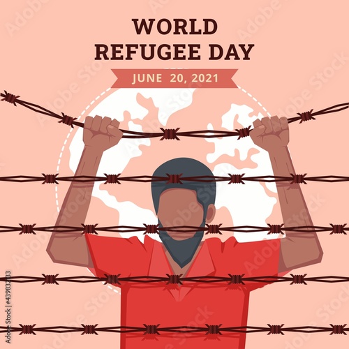 World refugee day background with muslim man behind barbed wire seeking for home. Flat style vector illustration concept of illegal immigrant awareness campaign for banner and poster.