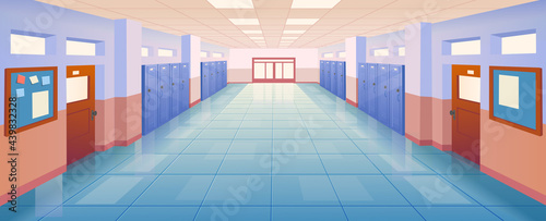Interior school corridor with doors and lockers vector illustration. Empty school or college hallway. Vector cartoon illustration.