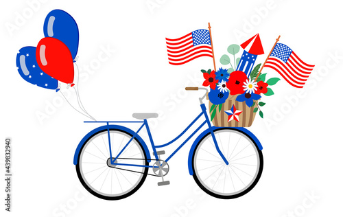 Vector patriotic bicycle illustration, isolated on white background. Blue bike with american flags, red, white, blue flowers and balloons. 4th of July holiday card.