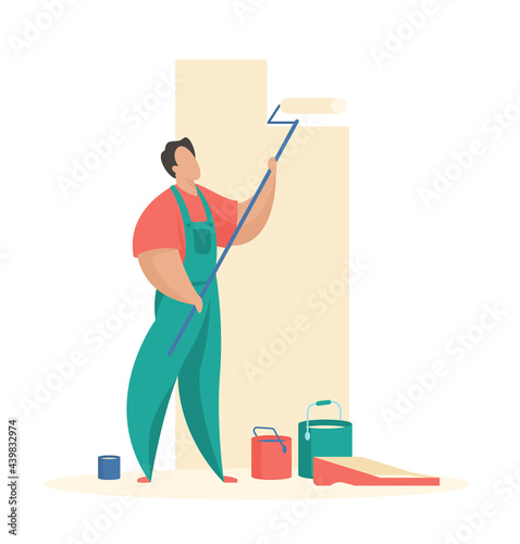 Man paints wall with roller. Professional painting of interior apartment and premises. Buckets colored paints on floor. Trendy decor for contemporary home design. Vector flat illustration