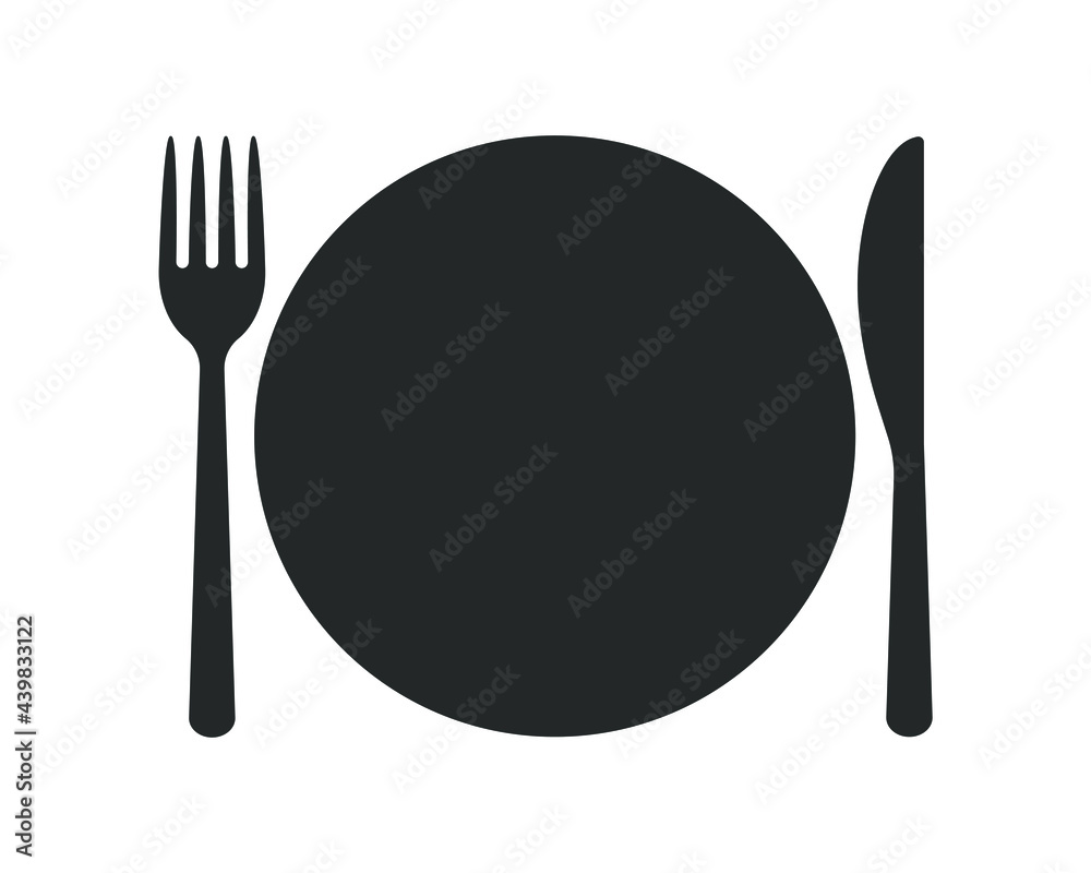 Fork knife and plate icon. Simple flat shape restaurant or cafe place ...
