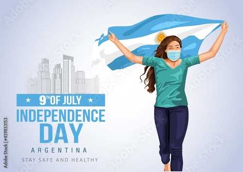 Front view. Girl with Argentinian flag runs in light background. Argentinia independence day 9th july. Happy independence day. coronavirus, covid-19 concept. vector illustration photo