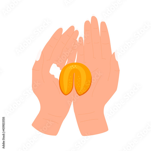 A flat vector cartoon illustration of a cookie with a prediction lying in the palms of hands. Isolated drawing on a white background.