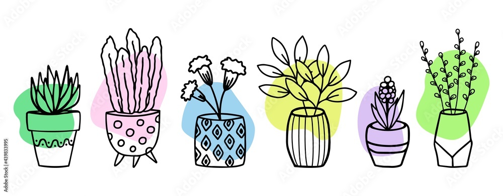 Flowers in pots and vases doodle hand drawn sketch Flowers in pots and vases doodle hand drawn sketch