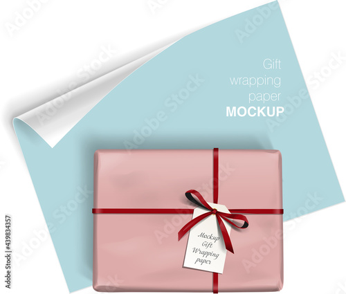 Vector gift wrapping paper rolls mock up and box with bow on light background. Template for your design with transparent shadows