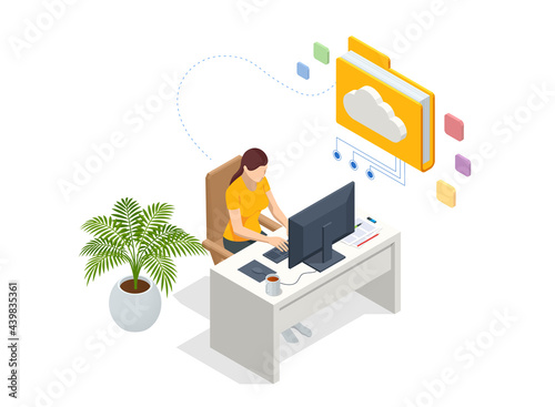 Isometric Cloud Technology. Woman Working From Home. Global Outsourcing, People Using Cloud System in Distant Work and Data Storage. Clouds connected documents.