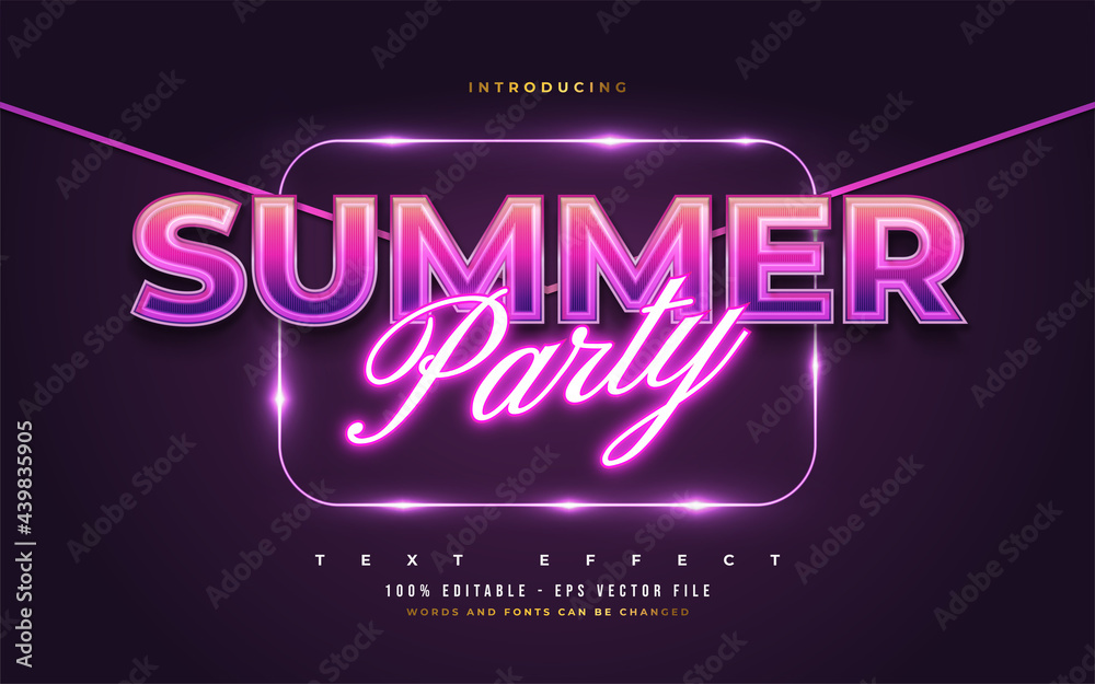 Summer Party Text in Colorful Retro Style and Glowing Neon Effect. Editable Text Style Effect
