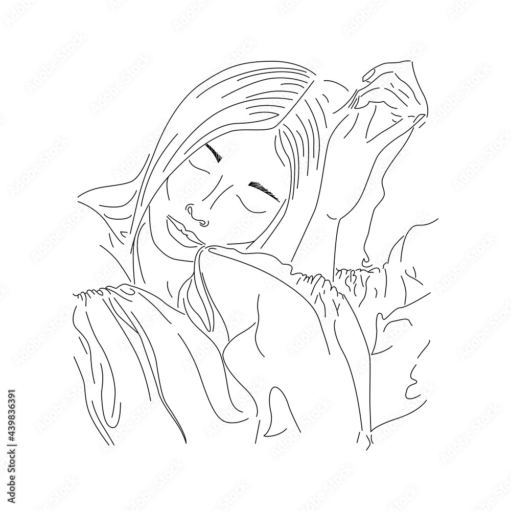 Vector drawn girl. Black line on white background