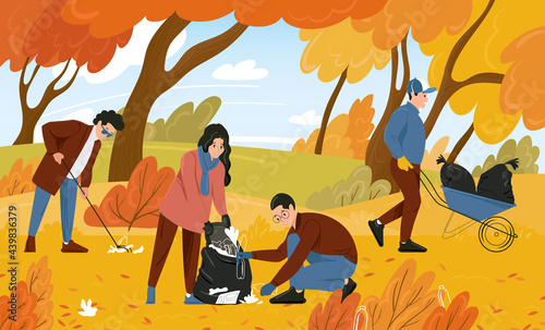 Volunteers clean up plastic trash in the park in the fall. Young people take care of nature, collect waste separately. Hand drawn vector illustration