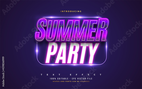 Summer Party Text in Colorful Retro Style with Glowing Neon Effect. Editable Text Style Effect