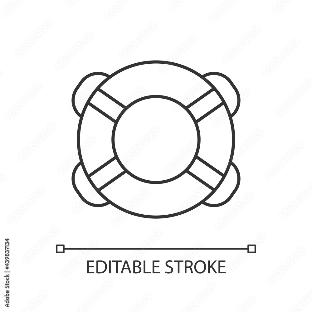 Ring buoy linear icon. Life preserver. Round floatation device. Assisting beginner swimmer. Thin line customizable illustration. Contour symbol. Vector isolated outline drawing. Editable stroke Ring buoy linear icon. Life preserver. Round floatation device. Assisting beginner swimmer. Thin line customizable illustration. Contour symbol. Vector isolated outline drawing. Editable stroke