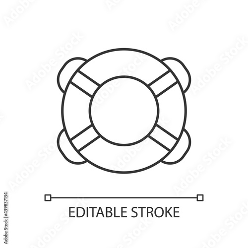 Ring buoy linear icon. Life preserver. Round floatation device. Assisting beginner swimmer. Thin line customizable illustration. Contour symbol. Vector isolated outline drawing. Editable stroke