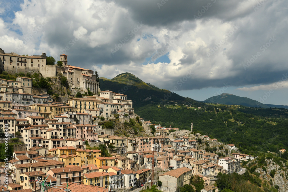 Panoramic view of Muro Lucano, a medieval village in the mountains of the Basilicata region in Italy.