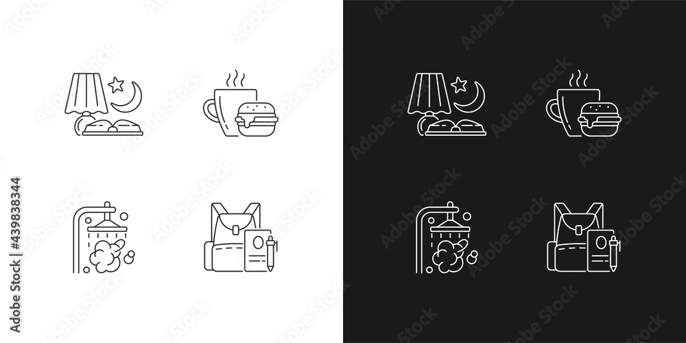 Everyday schedule and routine linear icons set for dark and light mode. Evening reading. Lunch meal. Customizable thin line symbols. Isolated vector outline illustrations. Editable stroke Everyday schedule and routine linear icons set for dark and light mode. Evening reading. Lunch meal. Customizable thin line symbols. Isolated vector outline illustrations. Editable stroke