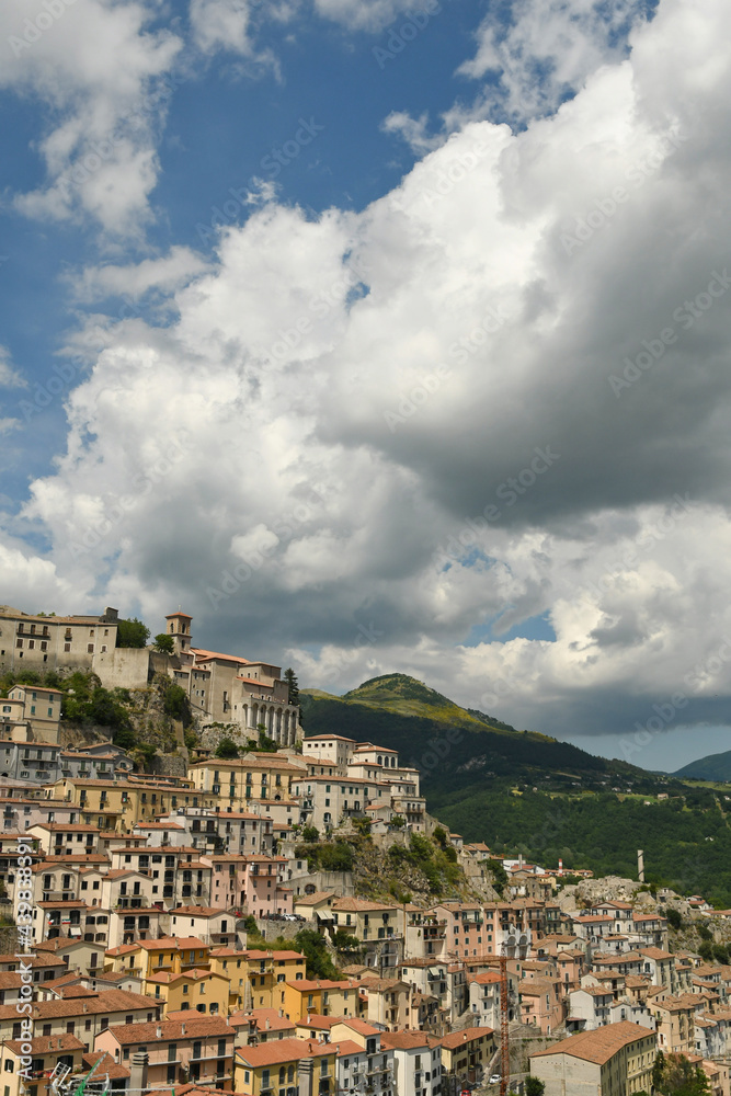 Panoramic view of Muro Lucano, a village in the mountains of the Basilicata region in Italy.
