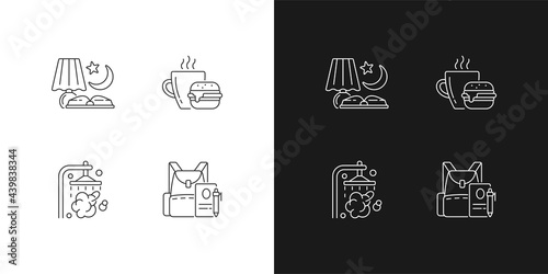 Everyday schedule and routine linear icons set for dark and light mode. Evening reading. Lunch meal. Customizable thin line symbols. Isolated vector outline illustrations. Editable stroke