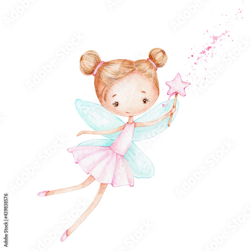 Cute cartoon fairy in pink dress with magic wand; watercolor hand drawn illustration; with white isolated background