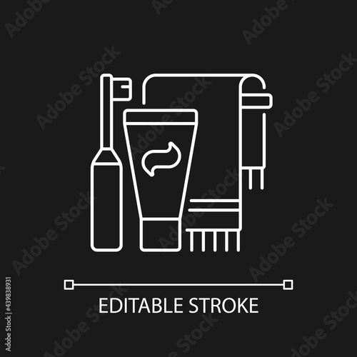 Brushing teeth white linear icon for dark theme. Toothpaste and paste in bathroom. Bath routine. Thin line customizable illustration. Isolated vector contour symbol for night mode. Editable stroke