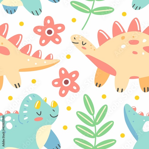 Seamless pattern with dinosaurs and leaves in a cute cartoon style on a white background. Cute children's illustration. Design of wallpaper, packaging, clothing.