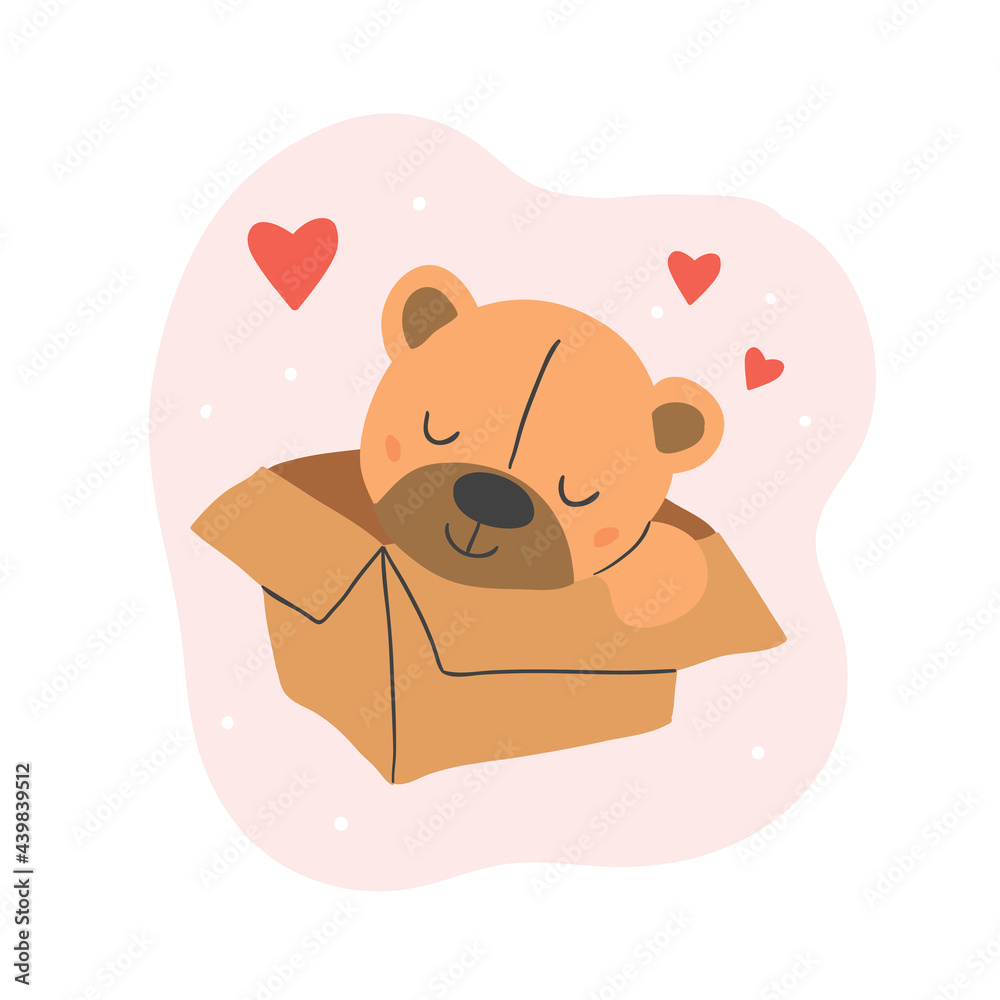 Cute vector illustration of the teddy bear sleeping in cardboard box ...