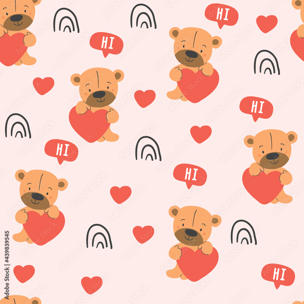 Cute vector seamless pattern with bears, hearts on pink. Kids doodle illustrations. Cute bear portrait, stickers, stylish bear, boy and girl animals, kids textile design. Valentines day pattern kids