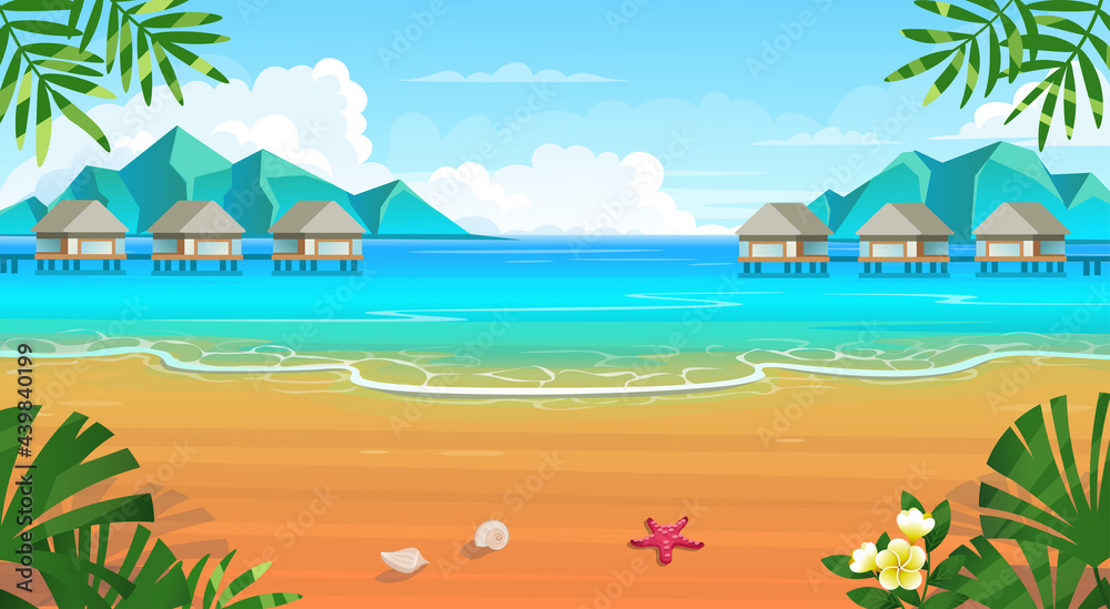 Summer tropical beach with sun loungers, table with cocktails, umbrella, mountains and islands. Seaside landscape, nature vacation, ocean or sea seashore.Vector cartoon illustration.