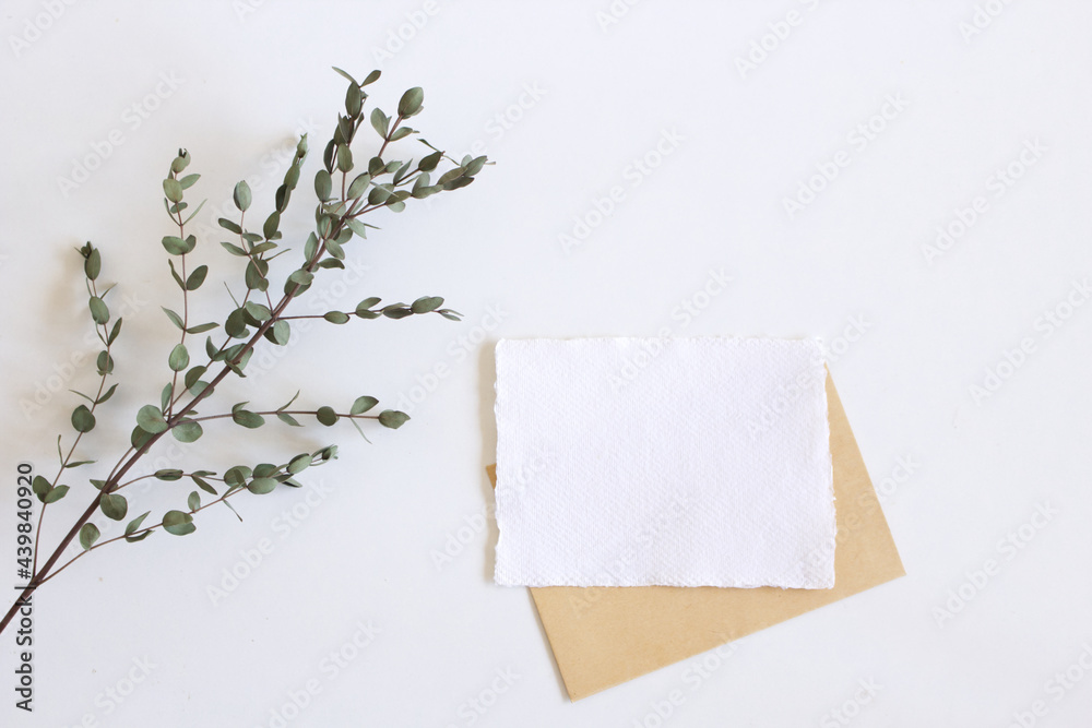 Bright female spring template mockup scene with white greeting card and eucalyptus leaves on white background table wedding style. Bright female spring template mockup scene with white greeting card and eucalyptus leaves on white background table wedding style.