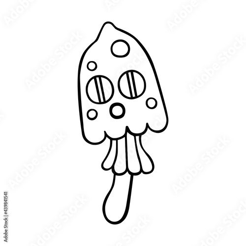 Cute and funny mushroom, fly agaric with eyes and mouth. Hallucinatory mushroom, psychedelic. Halloween theme. Hand-drawn vector illustration in the doodle style. For cards, stickers, Halloween.