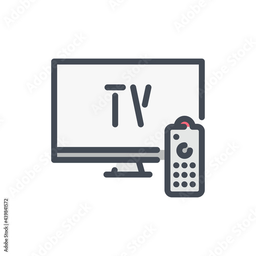 TV monitor with color line icon. Television with remote control vector outline colorful sign.