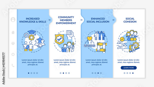 Social unit development advantages onboarding vector template. Responsive mobile website with icons. Web page walkthrough 4 step screens. Increased knowledge color concept with linear illustrations