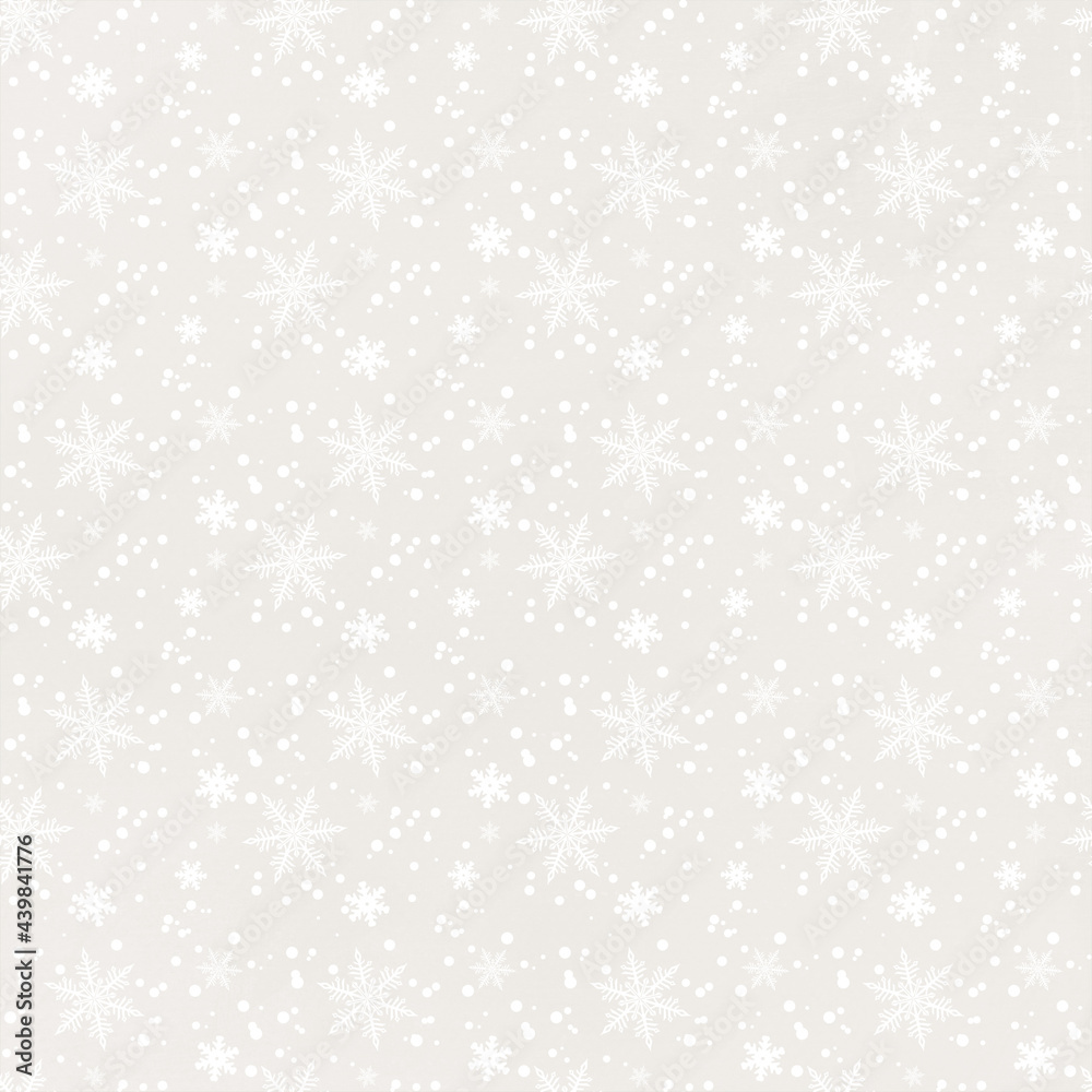 Pattern with snow. Winter background on beige base. Artistic wrapping paper for gifts or fabric prints on Christmas theme. Xmas holiday. New Year background. Card for New Year. 